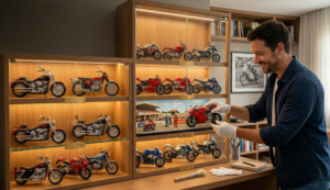 Um homem sorridente de luvas brancas organizando uma detalhada coleção de miniaturas de motos em uma vitrine de madeira iluminada com LEDs.