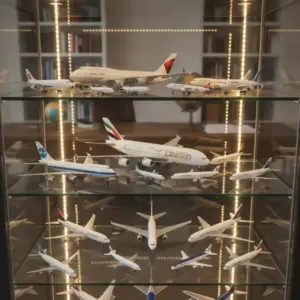 Variedade de miniaturas de aviões comerciais em diferentes escalas e modelos, ideal para iniciar sua coleção.