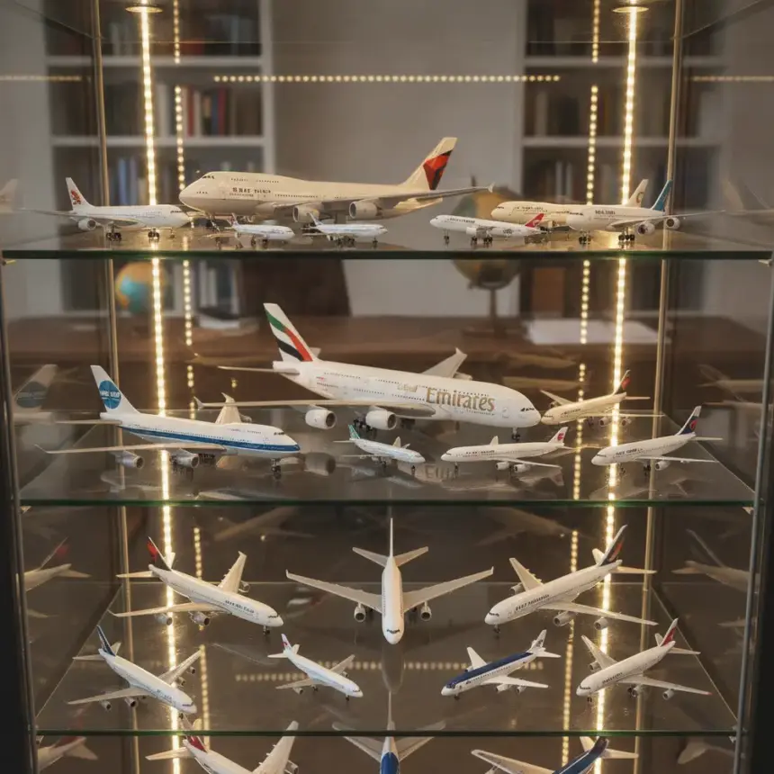 Variedade de miniaturas de aviões comerciais em diferentes escalas e modelos, ideal para iniciar sua coleção.