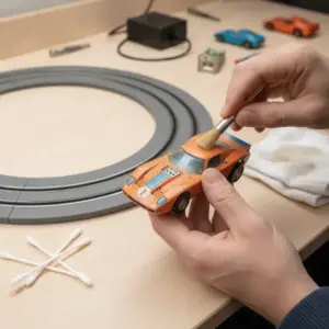 Imagem de um carro de Autorama sendo limpo em uma pista, simbolizando a importância da manutenção e conservação.