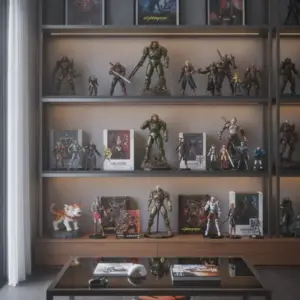 Coleção de Bonecos Games variados em uma estante, representando personagens icônicos de videogames.
