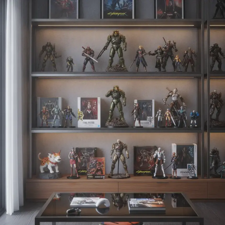 Coleção de Bonecos Games variados em uma estante, representando personagens icônicos de videogames.