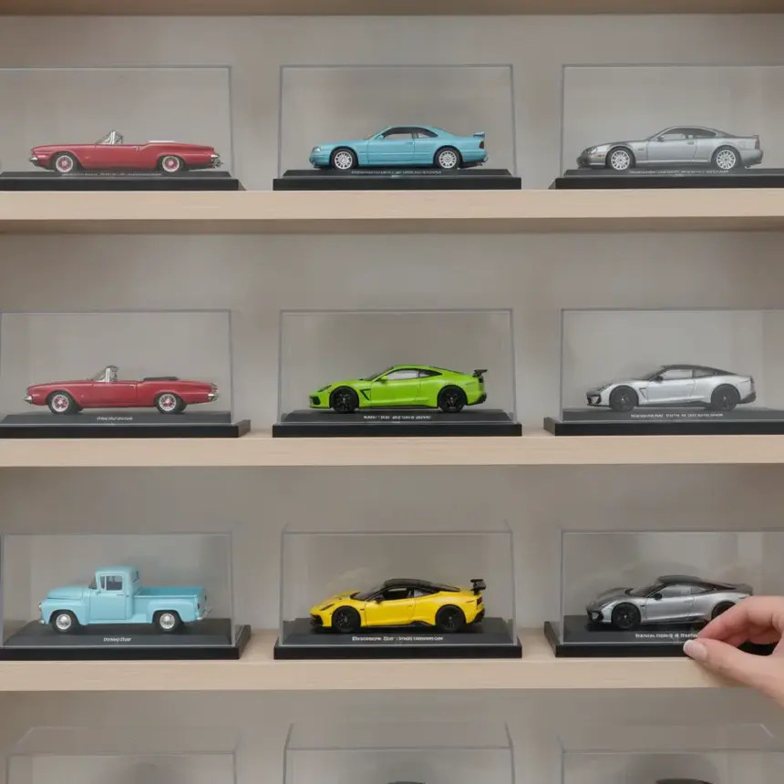 Miniaturas de carros bem organizadas em estantes, protegidas da poeira e luz, mostrando um armazenamento ideal para coleção de miniaturas de carros.