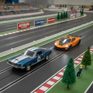 Uma variedade de carros de Autorama, exibindo modelos clássicos e modernos em uma pista de corrida.
