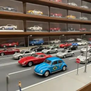 Uma coleção de miniaturas de carros variadas, exibidas em um diorama detalhado. Perfeita para colecionadores.