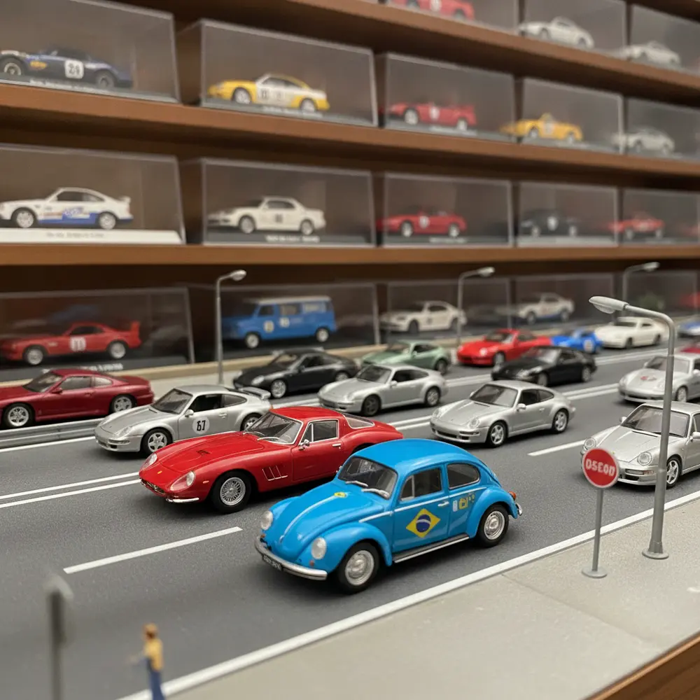 Uma coleção de miniaturas de carros variadas, exibidas em um diorama detalhado. Perfeita para colecionadores.
