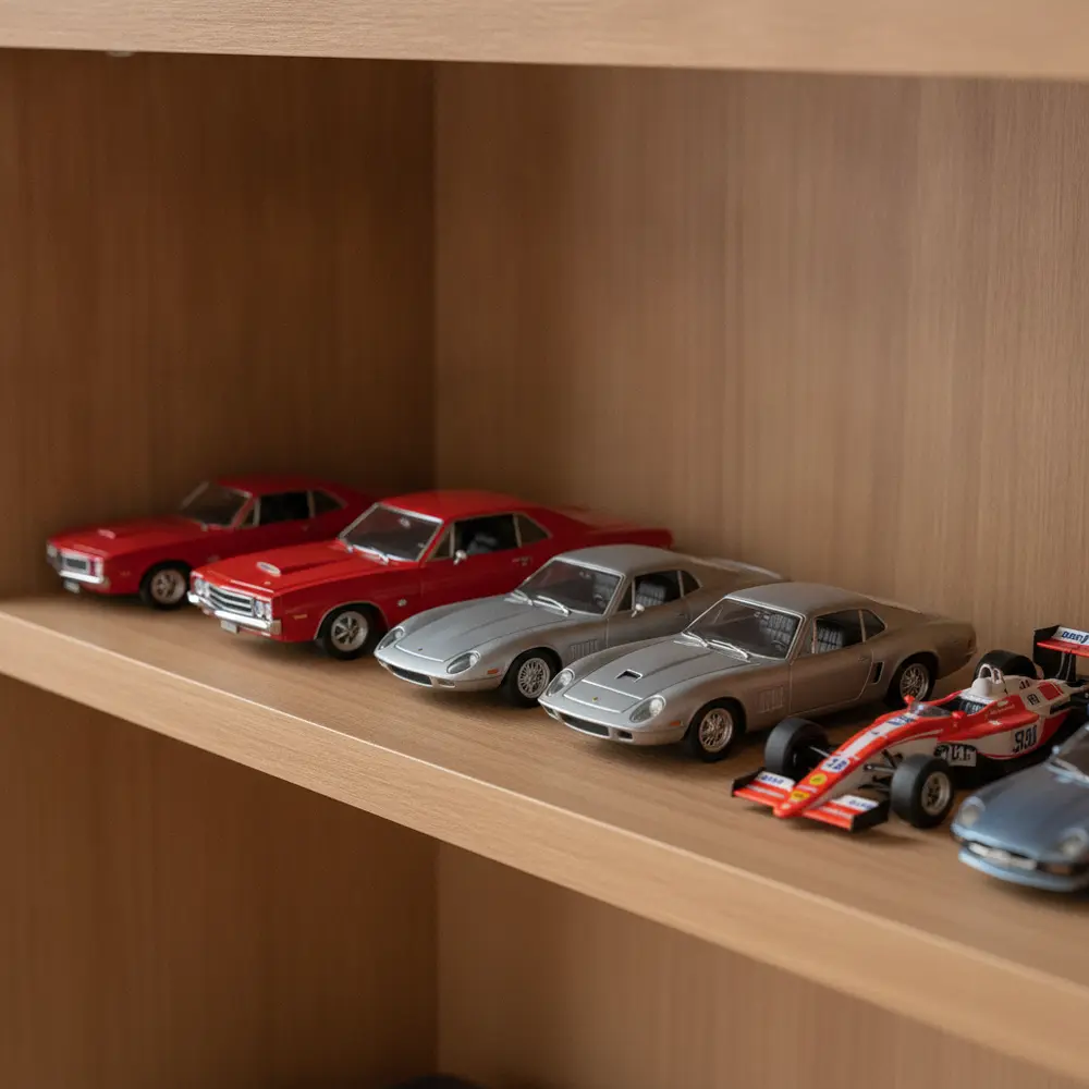 Uma coleção de miniatura de carros diversos, representando a evolução da história automotiva.